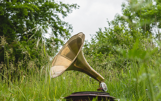 Old vintage phonograph on the springtime green garden grass